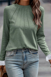 Lace Detail Round Neck Long Sleeve T-Shirt OutfitFlow